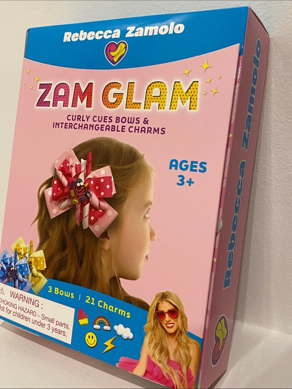 NEW IN BOX Zam Glam Pink Curly Cues Bows with Interchangeable Charms